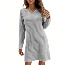 Solid V Neck Dress, Casual Long Sleeve Dress For Spring & Fall, Women's Clothing