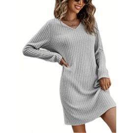 Solid V Neck Dress, Casual Long Sleeve Dress For Spring & Fall, Women's Clothing