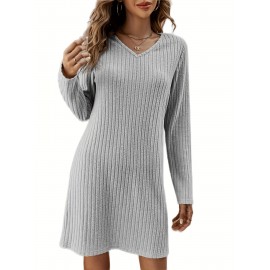 Solid V Neck Dress, Casual Long Sleeve Dress For Spring & Fall, Women's Clothing