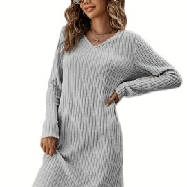 Solid V Neck Dress, Casual Long Sleeve Dress For Spring & Fall, Women's Clothing