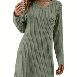 Solid V Neck Dress, Casual Long Sleeve Dress For Spring & Fall, Women's Clothing