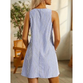 Striped Print Pocket Tank Dress, Versatile Button Front Crew Neck Sleeveless Dress For Spring & Summer, Women's Clothing