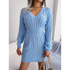 Cable Knit Sweater Dress, Casual V Neck Long Sleeve Bag Hip Dress, Women's Clothing