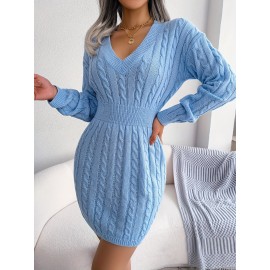 Cable Knit Sweater Dress, Casual V Neck Long Sleeve Bag Hip Dress, Women's Clothing