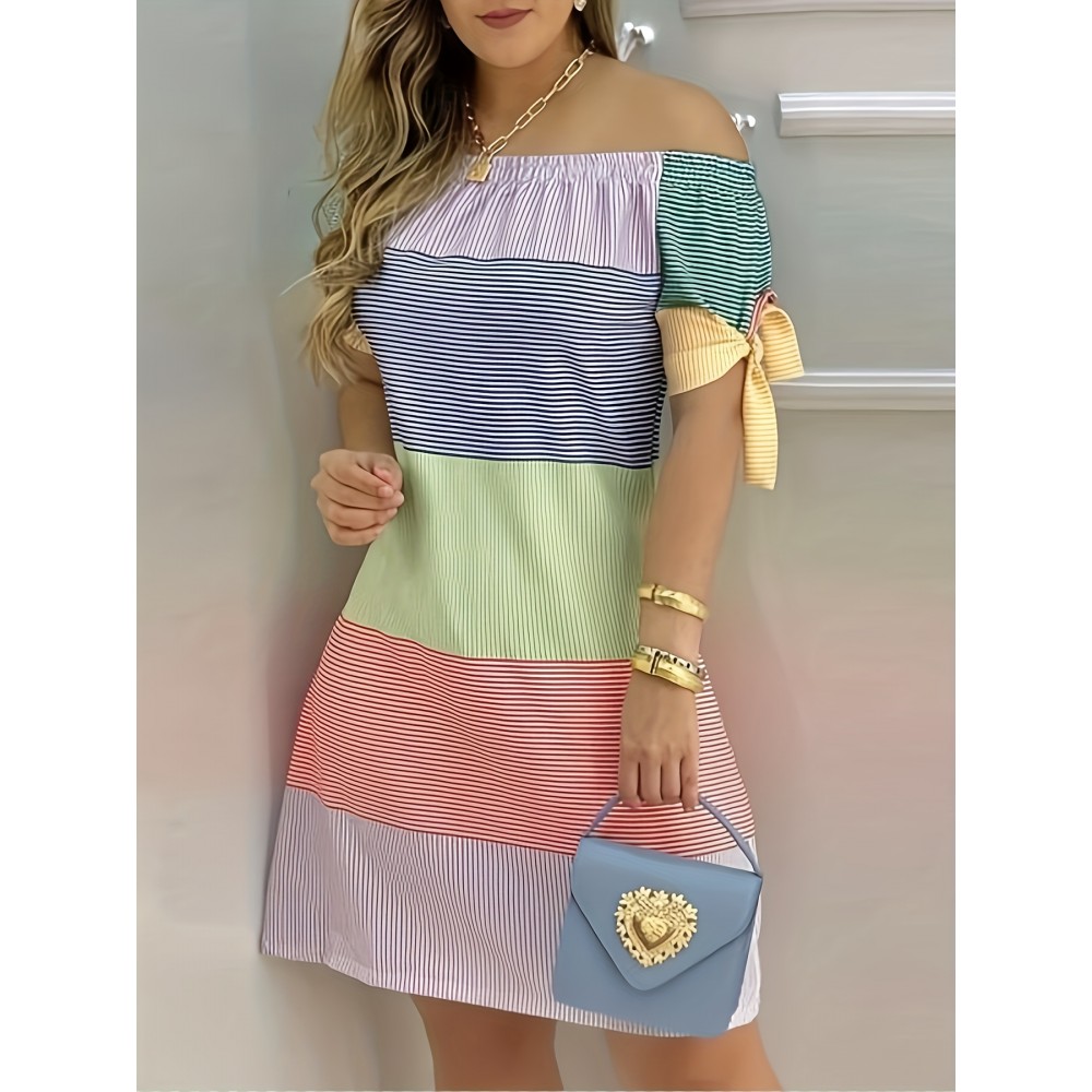 Color Block Striped Print Off-shoulder Dress, Casual Knot Sleeve Dress For Spring & Summer, Women's Clothing