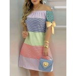 Color Block Striped Print Off-shoulder Dress, Casual Knot Sleeve Dress For Spring & Summer, Women's Clothing