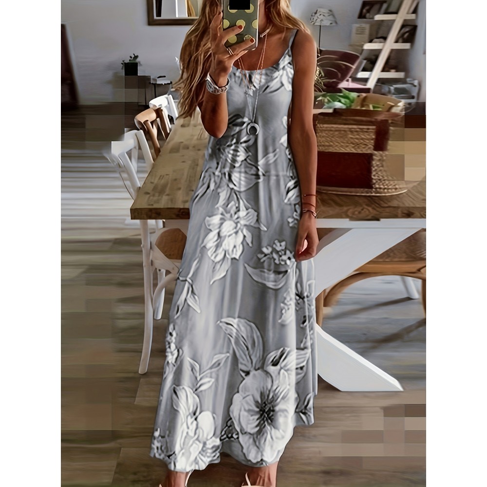 Random Floral Print Spaghetti Dress, Sexy Sleeveless Plunging Maxi Dress, Women's Clothing