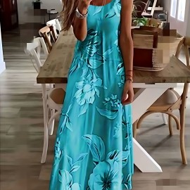 Random Floral Print Spaghetti Dress, Sexy Sleeveless Plunging Maxi Dress, Women's Clothing