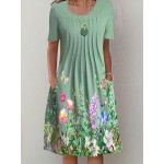 Floral Print Pleated Front Dress, Casual Short Sleeve Dual Pockets Dress, Women's Clothing