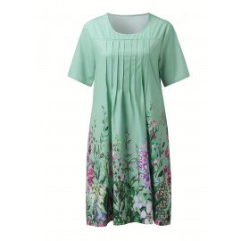 Floral Print Pleated Front Dress, Casual Short Sleeve Dual Pockets Dress, Women's Clothing