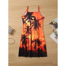 Coconut Tree Print Cami Dress, Vacation Sleeveless Comfy Dress, Women's Clothing