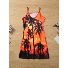 Coconut Tree Print Cami Dress, Vacation Sleeveless Comfy Dress, Women's Clothing