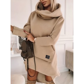 Hooded Solid Sweatshirt Dress, Casual Long Sleeve Kangaroo Pocket Midi Dress, Women's Clothing