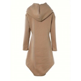 Hooded Solid Sweatshirt Dress, Casual Long Sleeve Kangaroo Pocket Midi Dress, Women's Clothing