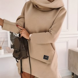 Hooded Solid Sweatshirt Dress, Casual Long Sleeve Kangaroo Pocket Midi Dress, Women's Clothing