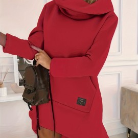 Hooded Solid Sweatshirt Dress, Casual Long Sleeve Kangaroo Pocket Midi Dress, Women's Clothing