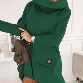 Hooded Solid Sweatshirt Dress, Casual Long Sleeve Kangaroo Pocket Midi Dress, Women's Clothing