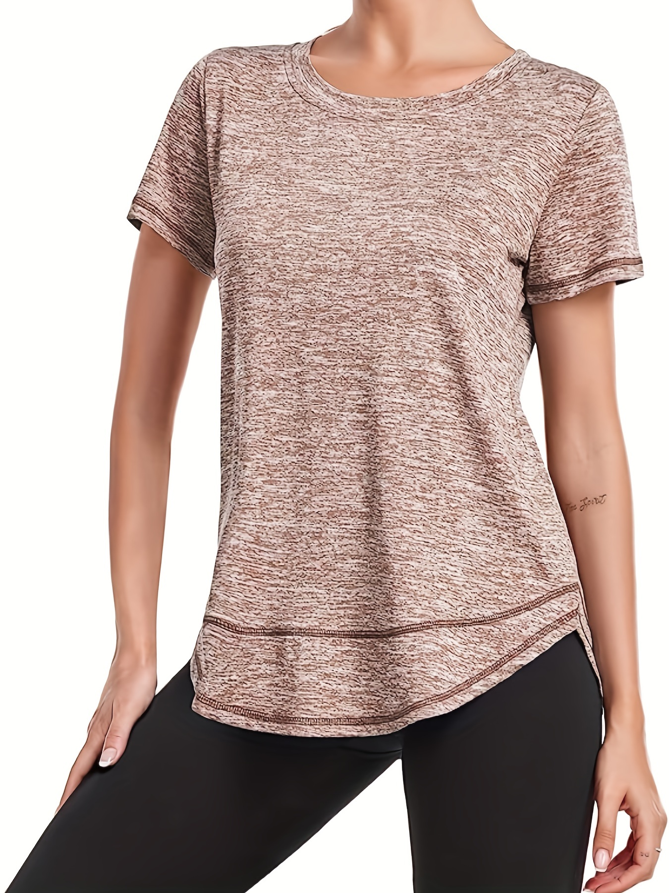 womens short sleeve quick drying workout shirts crew neck sports yoga running split tee womens clothing details 20