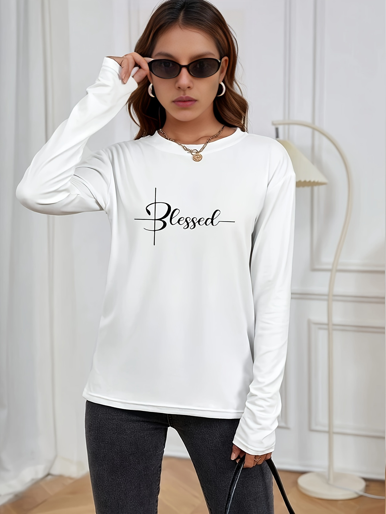 blessed print crew neck t shirt casual long sleeve t shirt womens clothing details 1