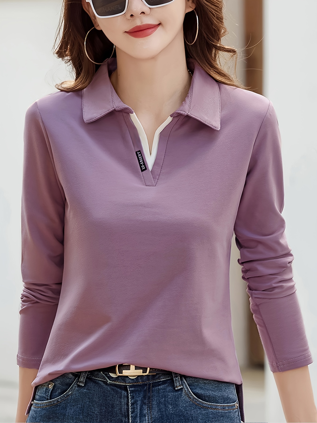 solid polo collar t shirt casual long sleeve top for spring fall womens clothing details 4