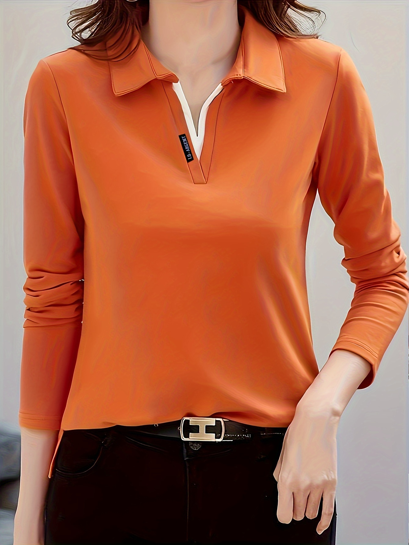 solid polo collar t shirt casual long sleeve top for spring fall womens clothing details 10