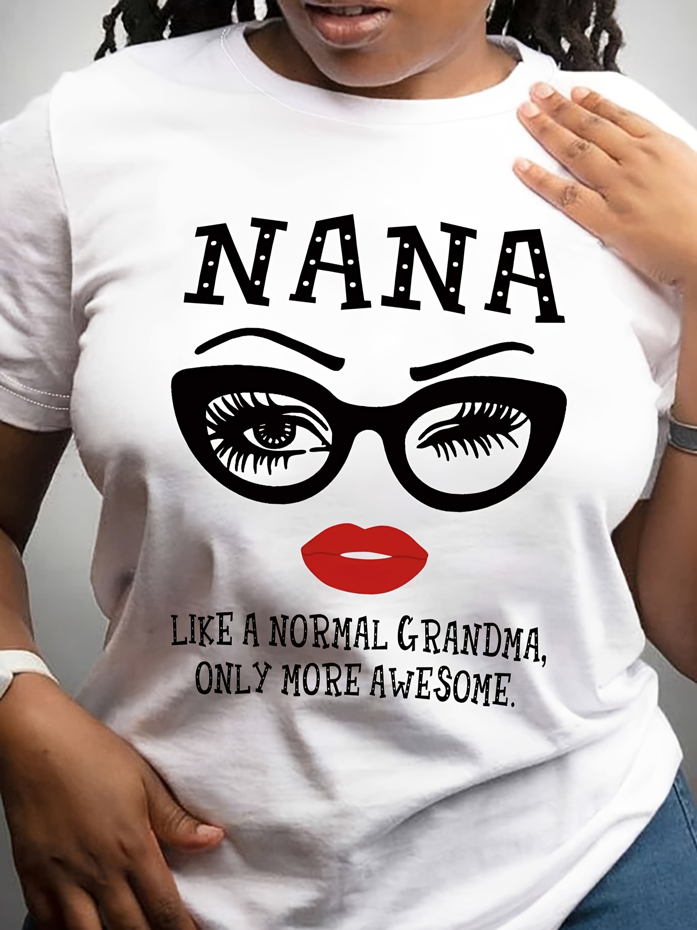 nana letter print t shirt casual crew neck short sleeve t shirt womens clothing details 1