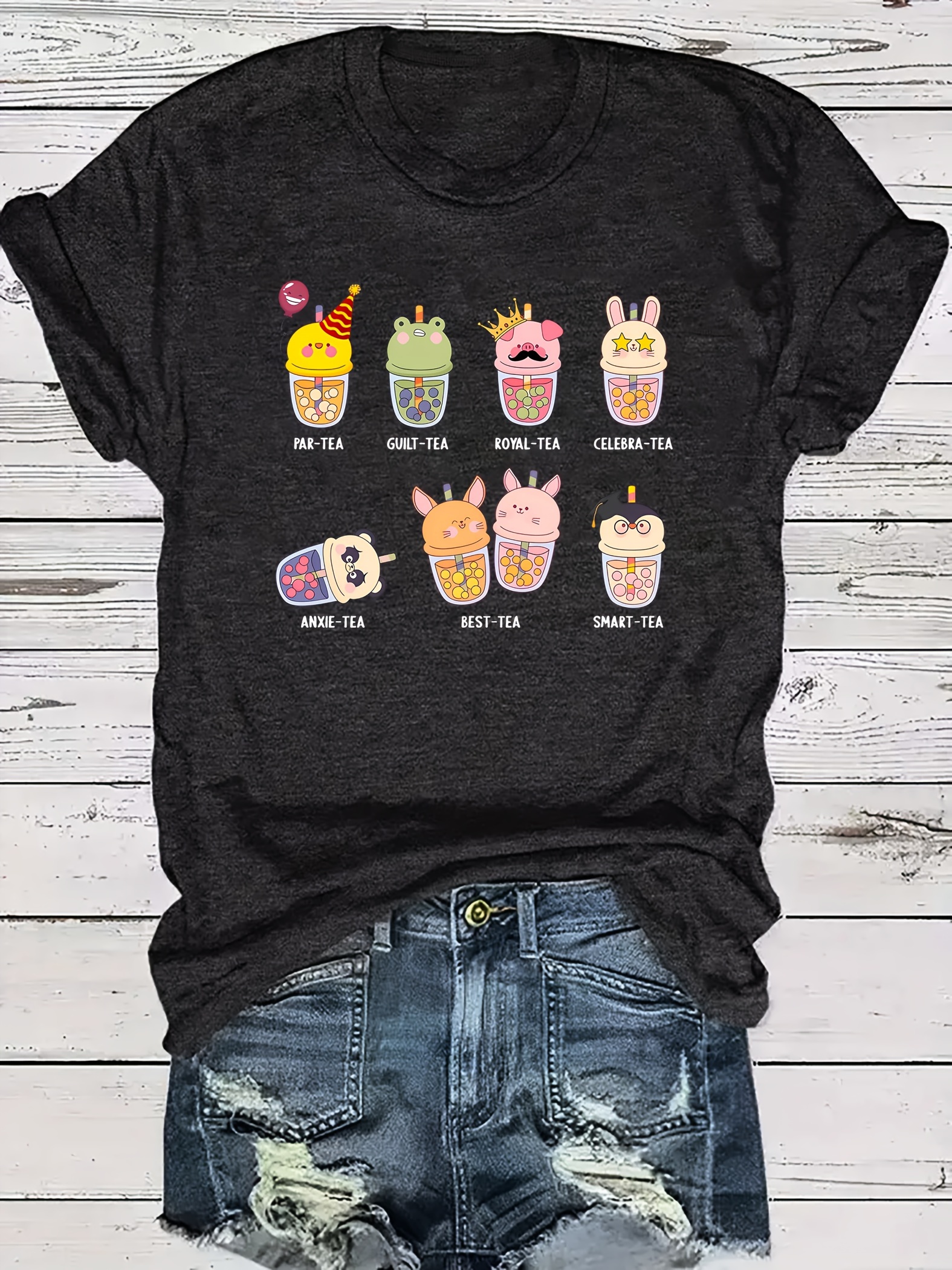 cute milk tea print t shirt casual short sleeve crew neck summer top womens clothing details 0