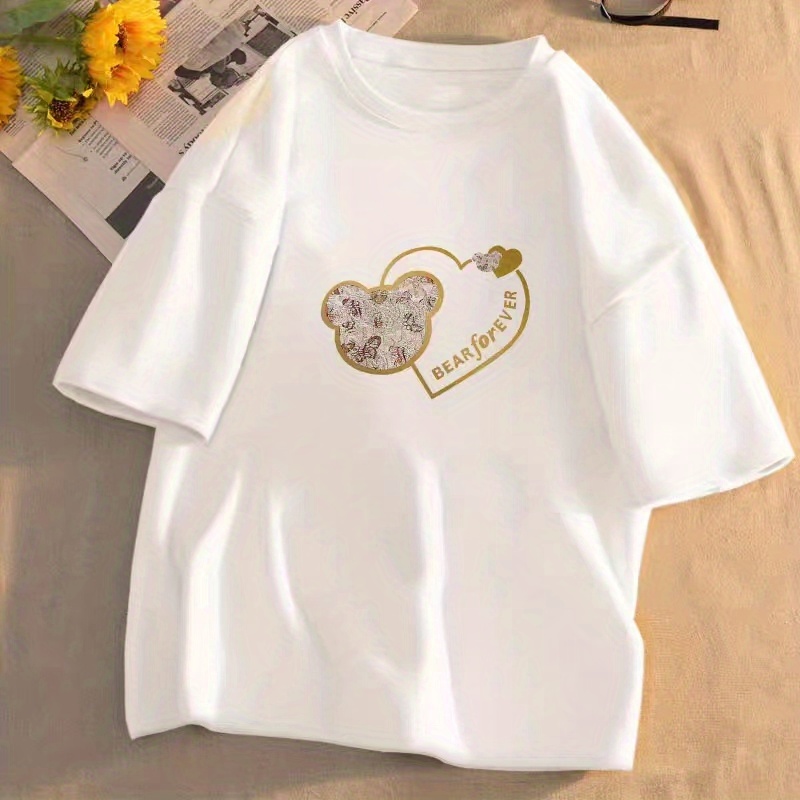 bear heart print crew neck t shirt casual short sleeve t shirt for spring summer womens clothing details 3