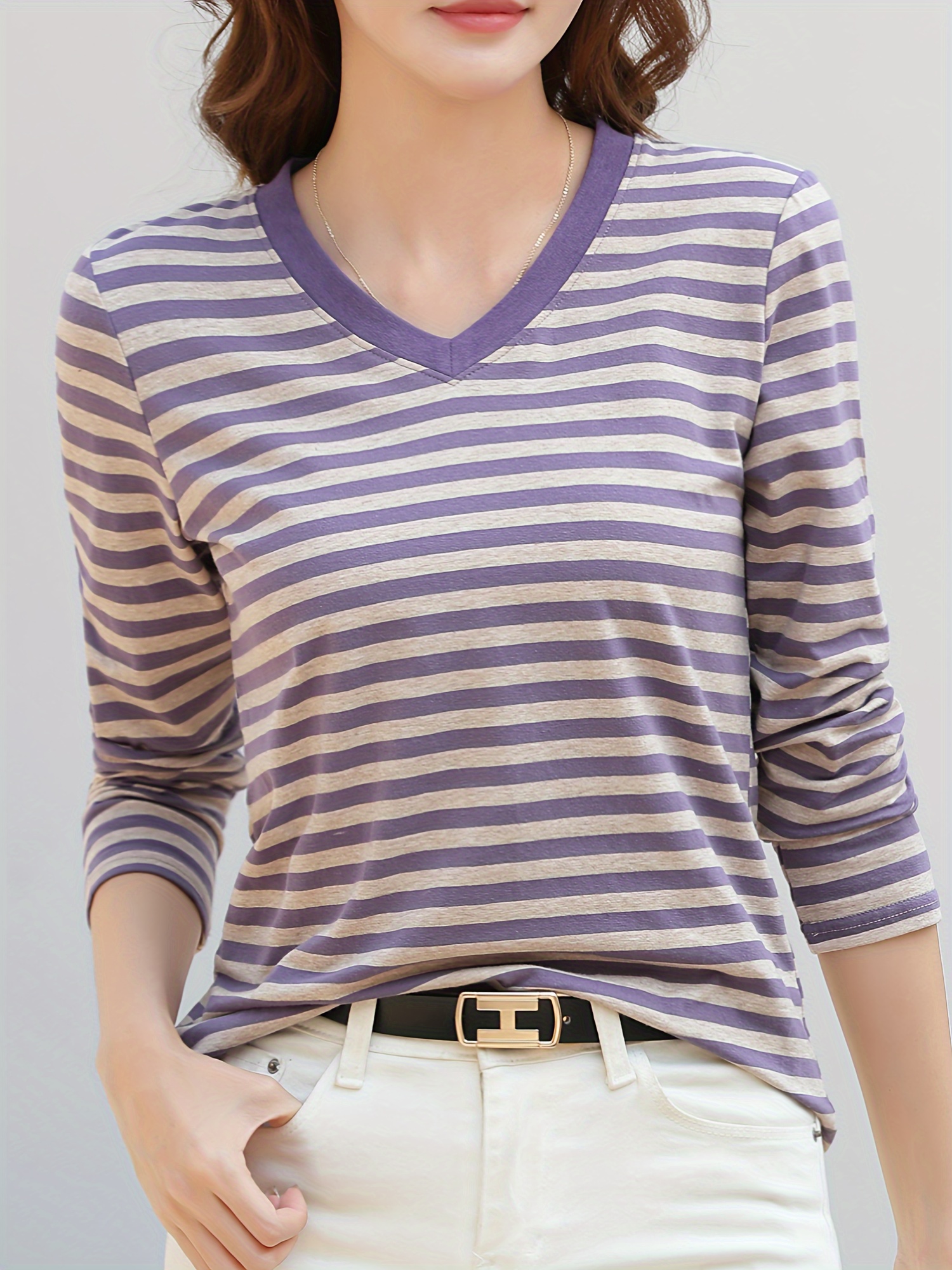 striped long sleeve t shirt v neck casual top for spring fall womens clothing details 0