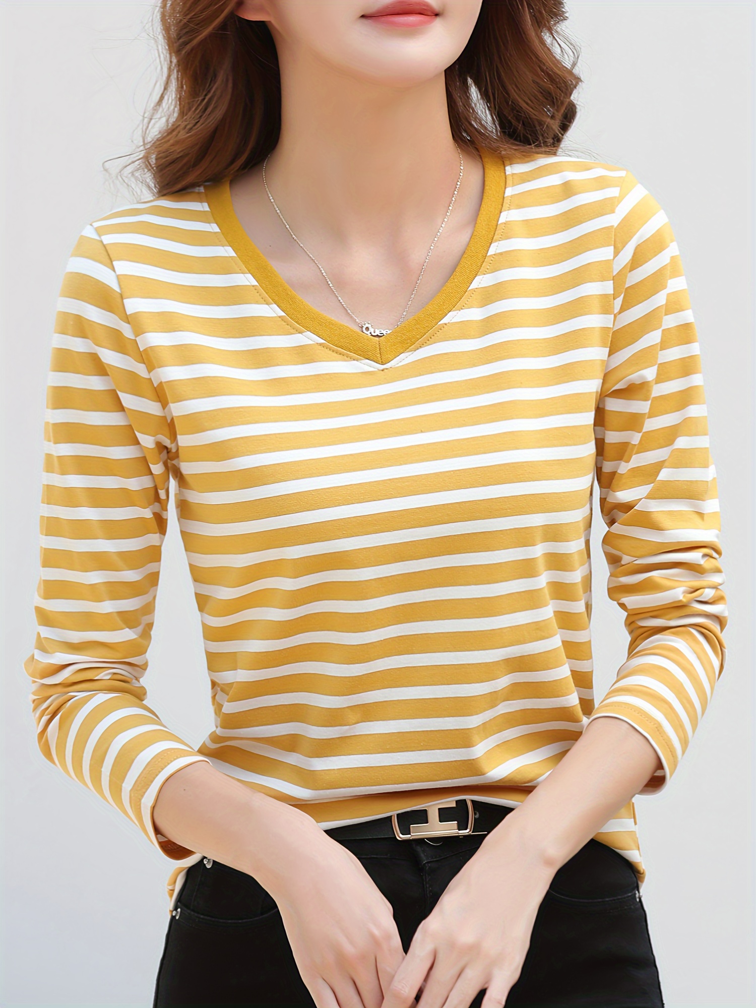 striped long sleeve t shirt v neck casual top for spring fall womens clothing details 3