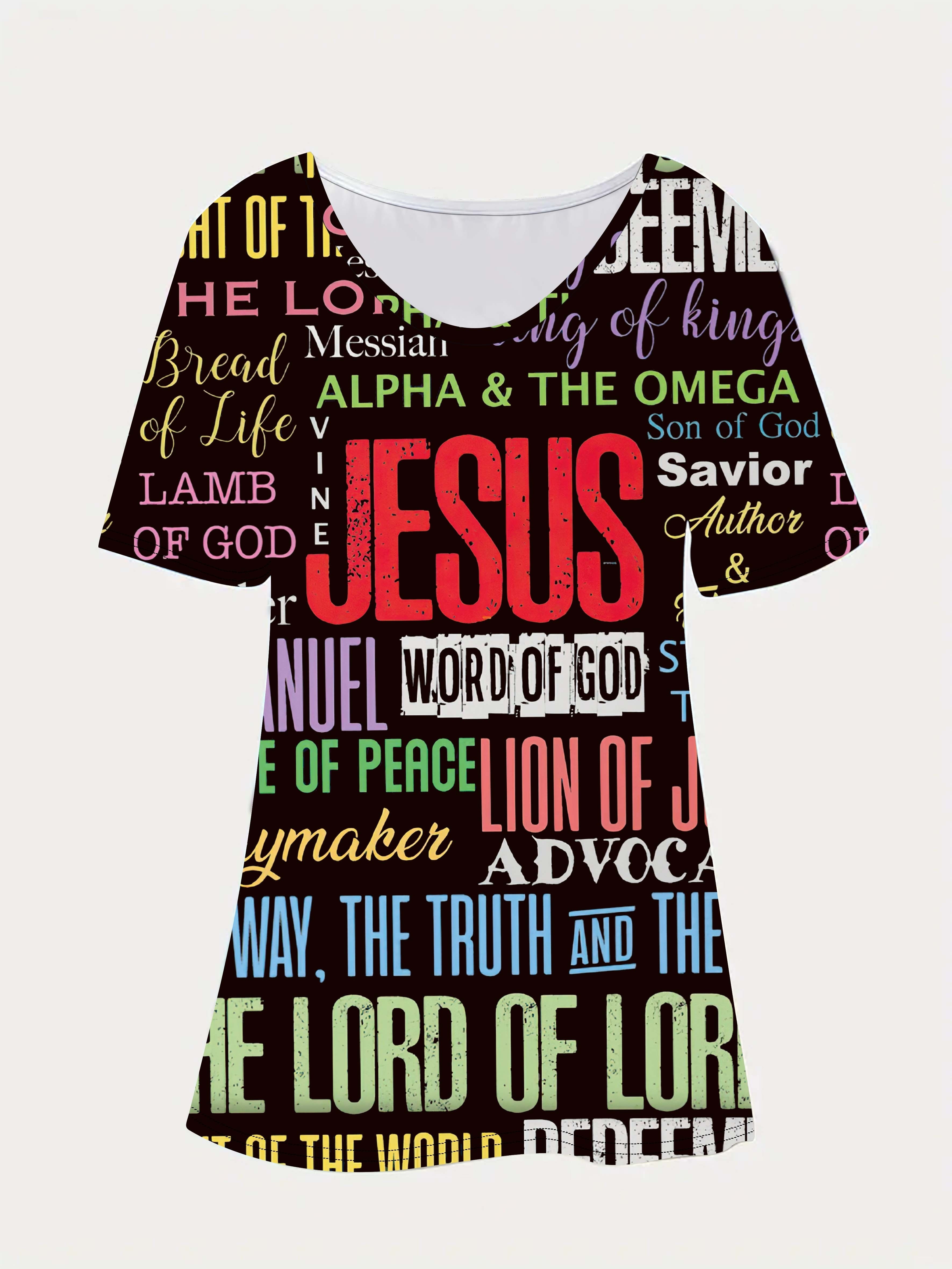 jesus letter full print t shirt casual v neck short sleeve t shirt for spring summer womens clothing details 17