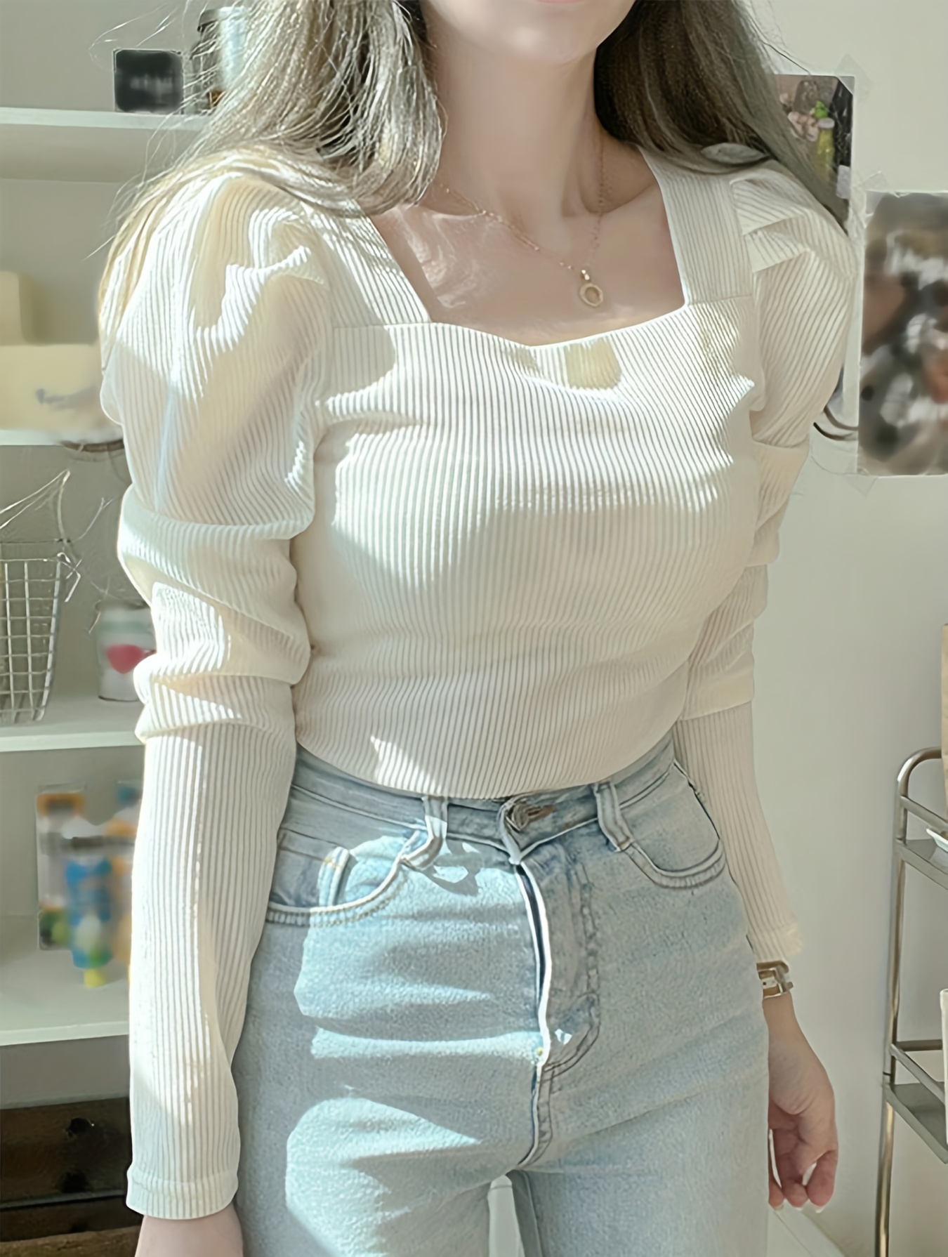 solid color square neck t shirt chic puff long sleeve t shirt for spring fall womens clothing details 2