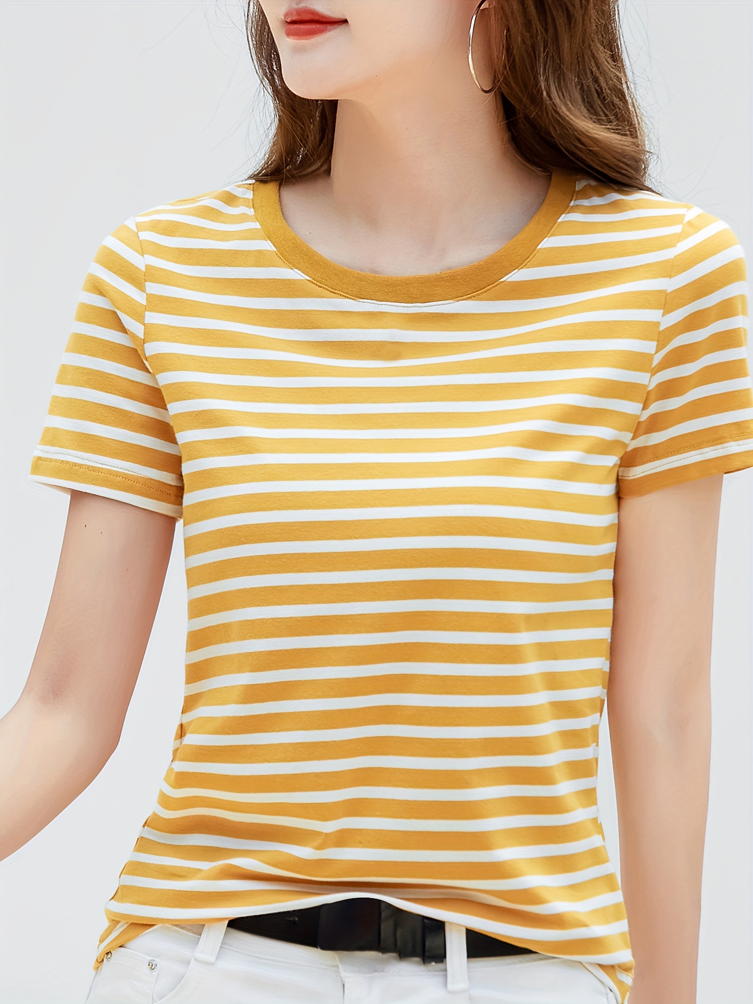 striped print crew neck t shirt casual short sleeve t shirt for spring summer womens clothing details 2