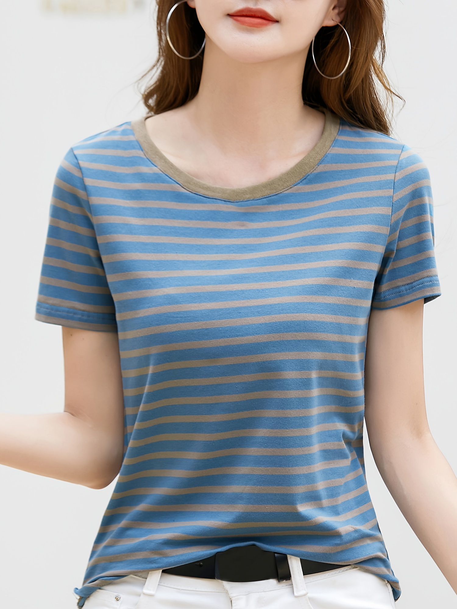 striped print crew neck t shirt casual short sleeve t shirt for spring summer womens clothing details 5