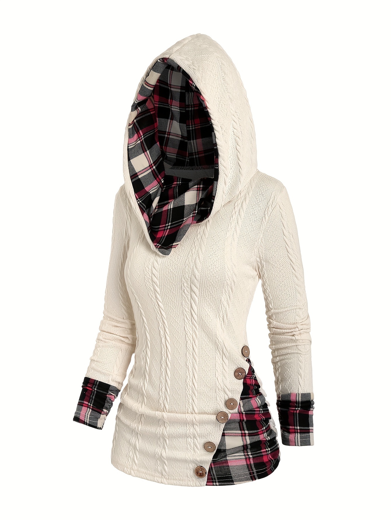 plaid splicing button decor cable hoodie casual long sleeve hoodie womens clothing details 9