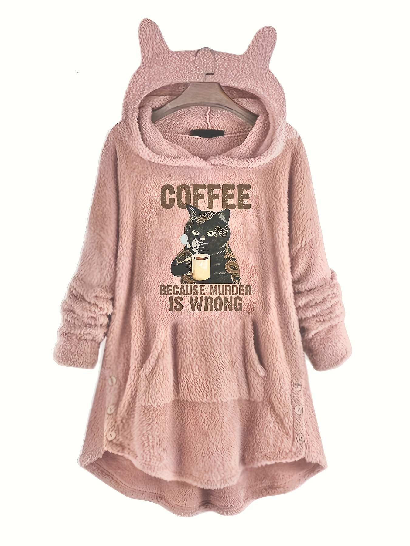 cat letter print teddy hoodie casual long sleeve kangaroo pocket hoodie sweatshirt womens clothing details 2