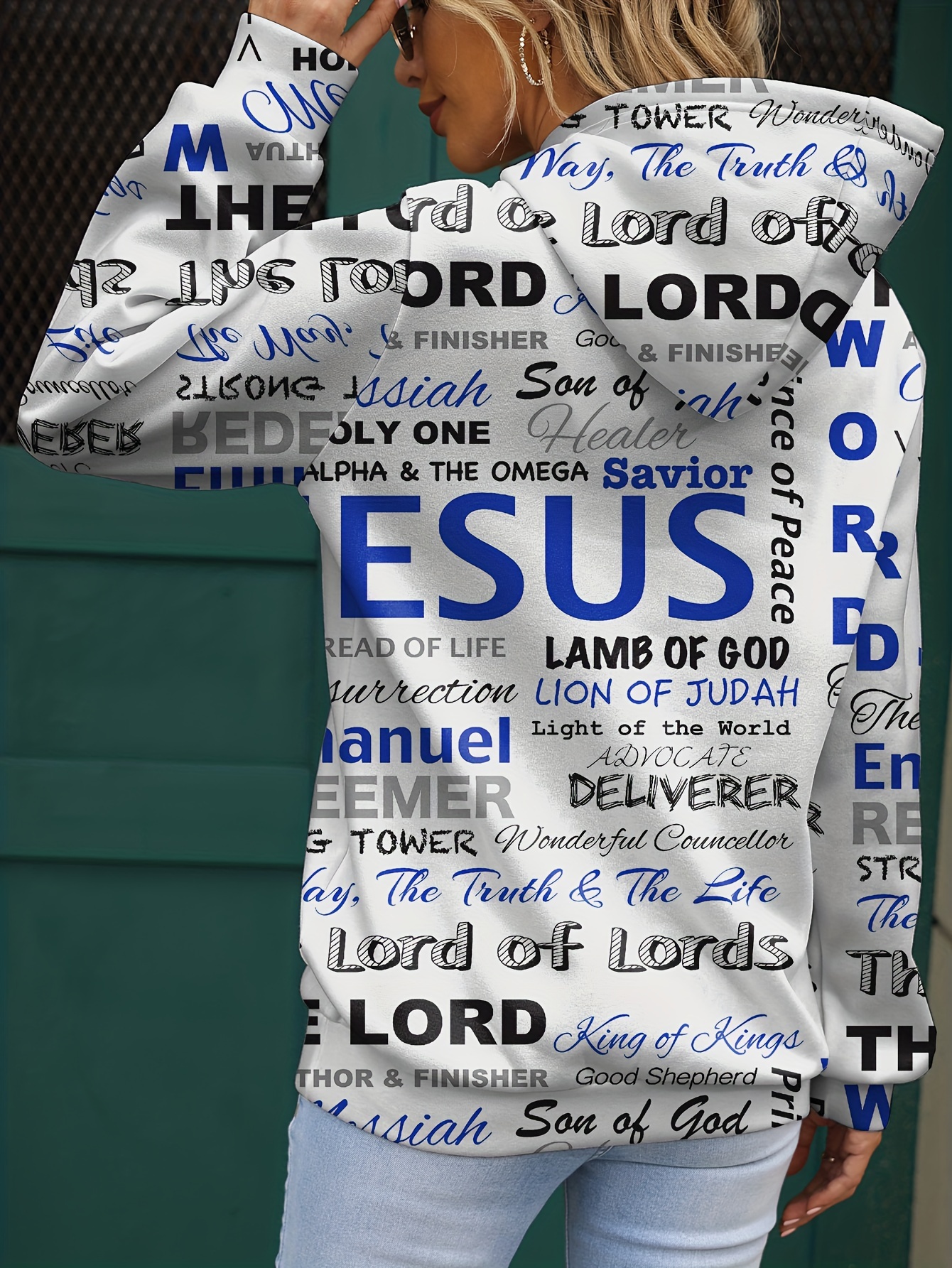 jesus letter print hoodies casual kangaroo pocket long sleeve sweatshirt womens clothing details 24