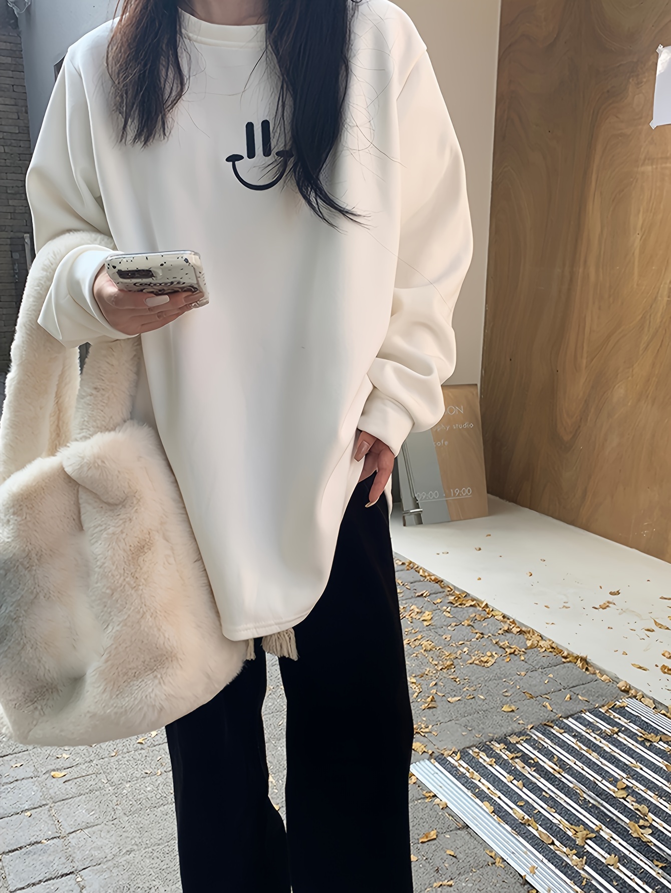 smile face print pullover sweatshirt casual long sleeve crew neck sweatshirt for fall winter womens clothing details 8