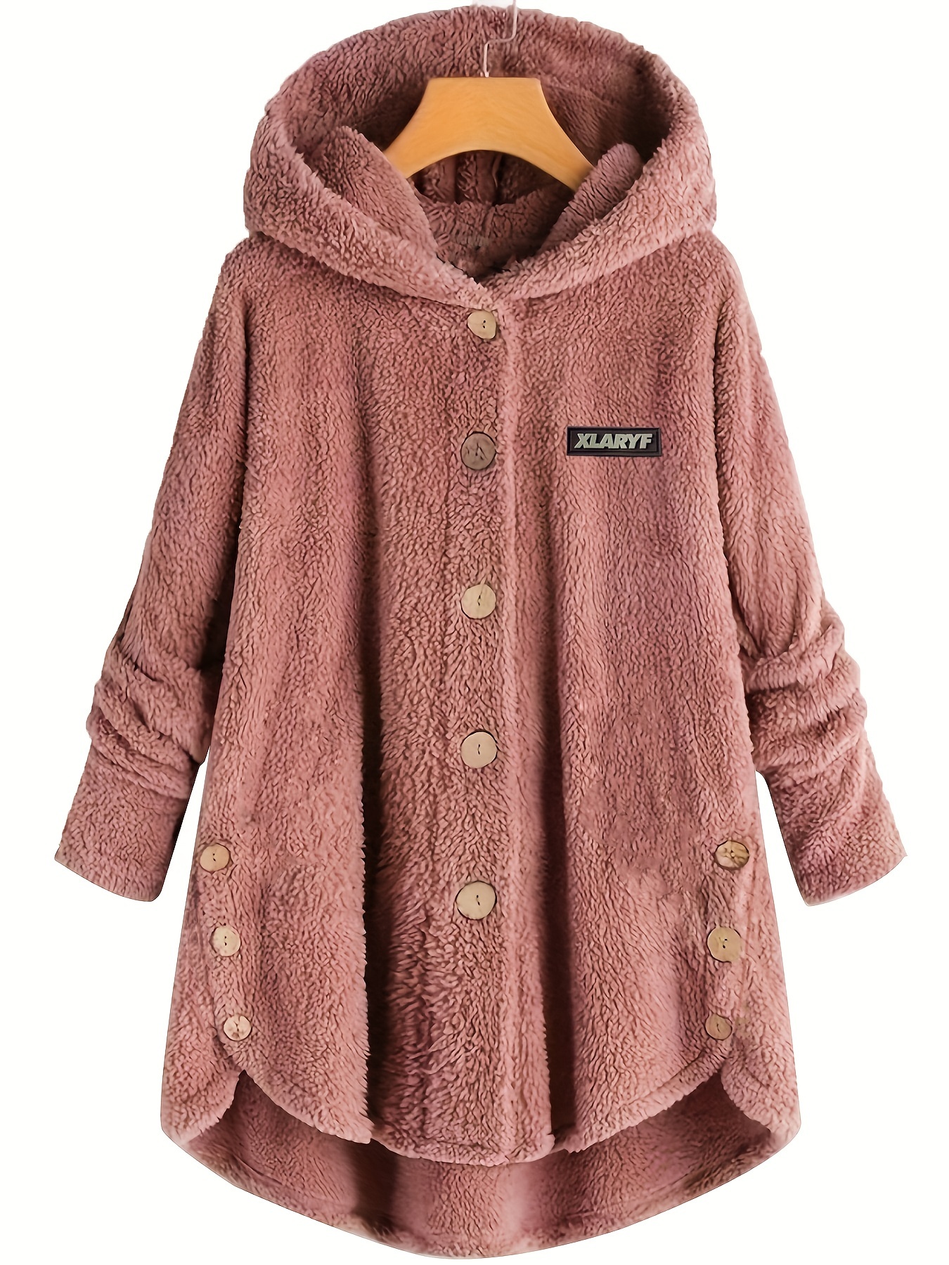 letter patch button front plush hoodie casual long sleeve teddy bear coat womens clothing details 1