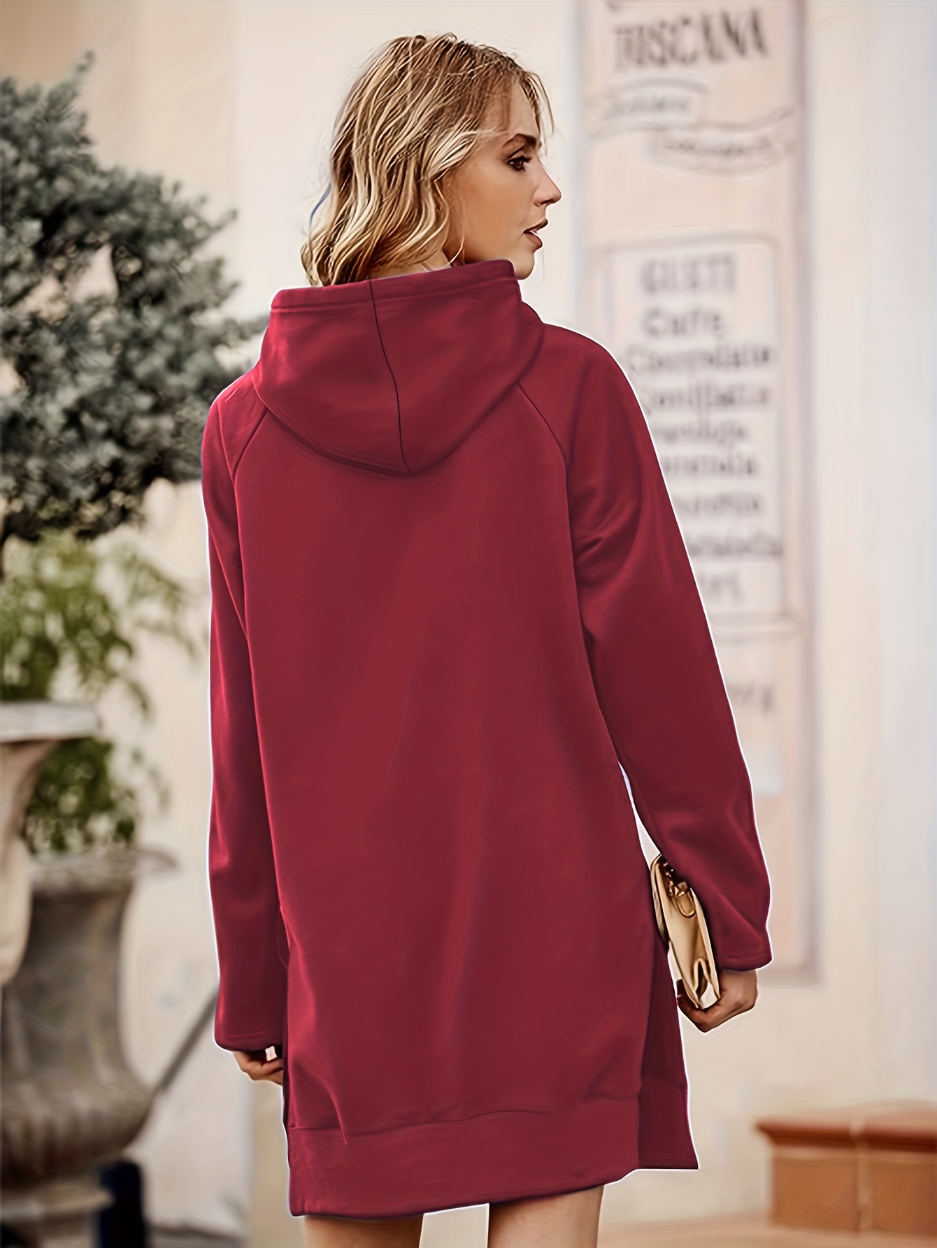 solid kangaroo pocket long length hoodie casual long sleeve drawstring hoodies sweatshirt womens clothing details 11