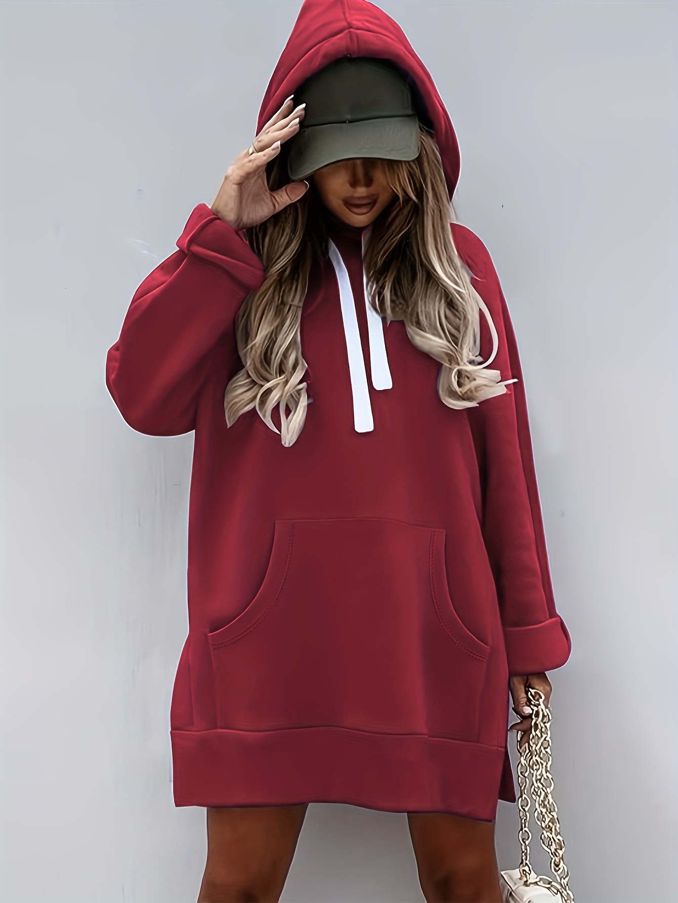 solid kangaroo pocket long length hoodie casual long sleeve drawstring hoodies sweatshirt womens clothing details 14