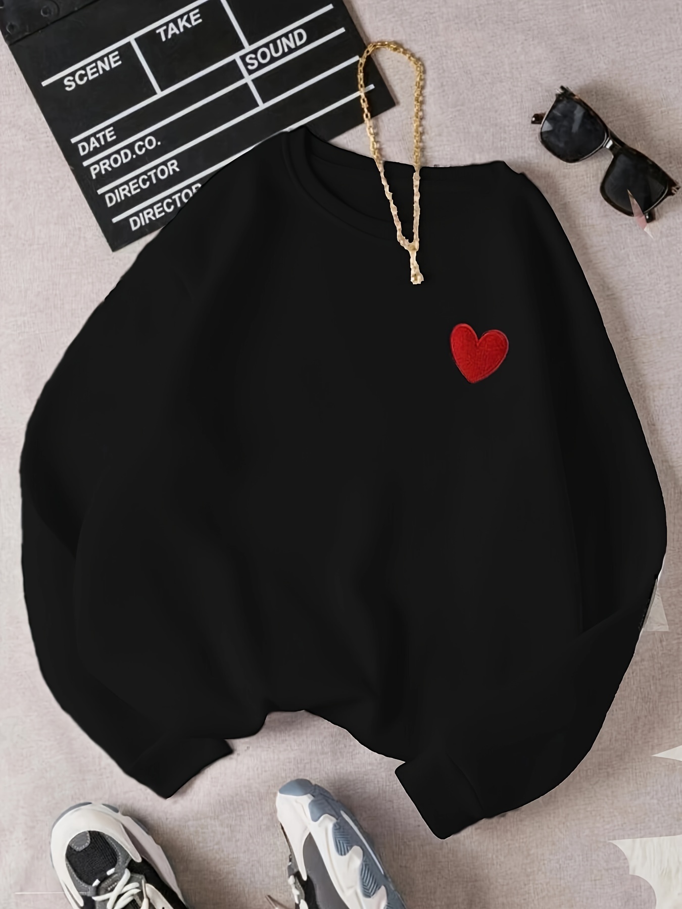 heart pattern pullover sweatshirt casual long sleeve crew neck sweatshirt for fall winter womens clothing details 18