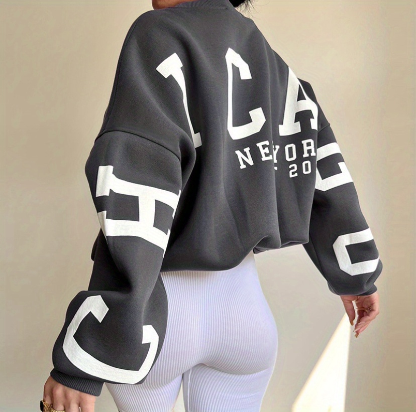 drop shoulder pullover, women oversized thermal letter graphic print sweatshirt aesthetic crew neck long sleeve drop shoulder pullover details 1