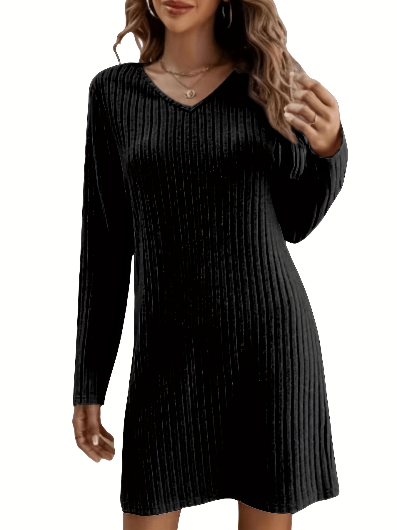 solid v neck dress casual long sleeve dress for spring fall womens clothing details 2