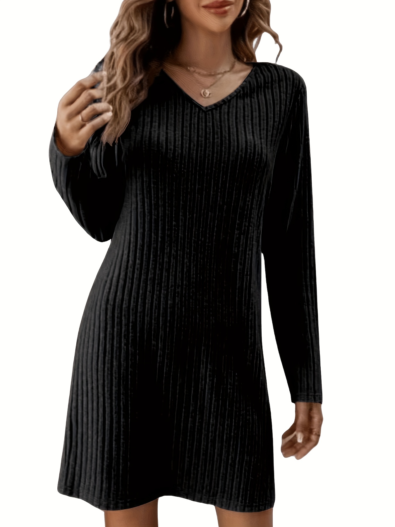 solid v neck dress casual long sleeve dress for spring fall womens clothing details 3