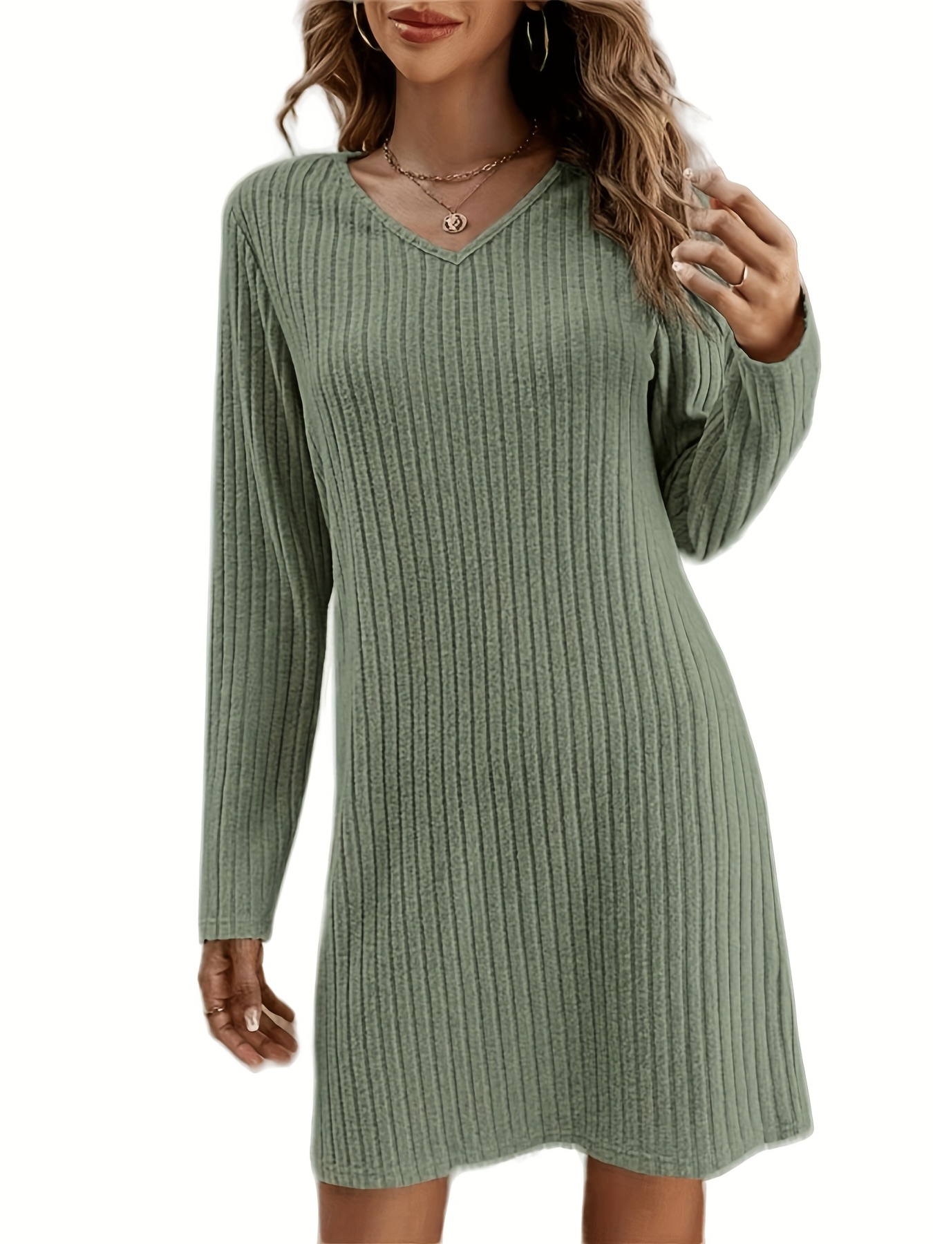 solid v neck dress casual long sleeve dress for spring fall womens clothing details 8