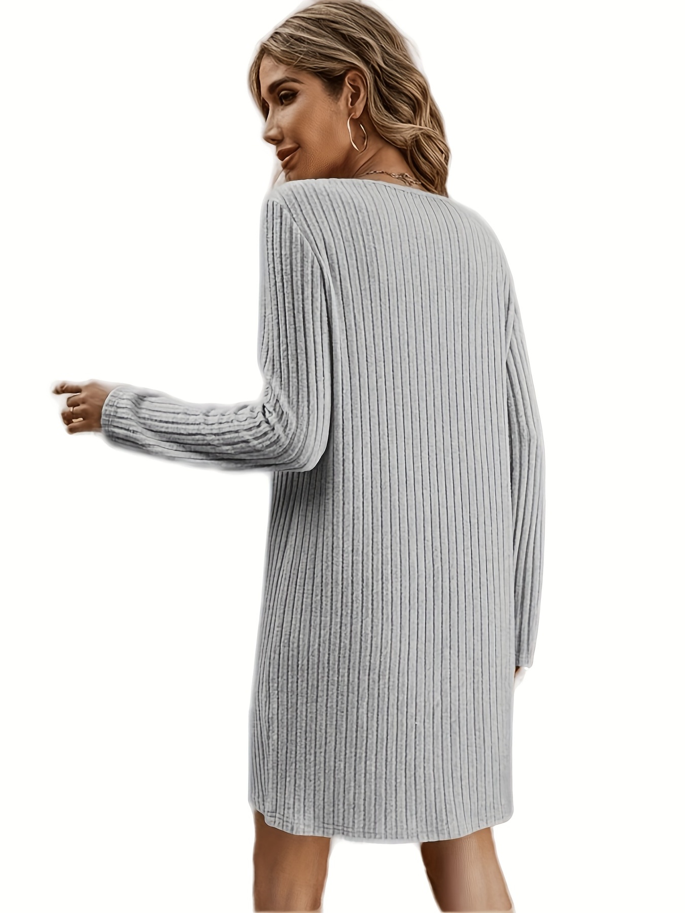 solid v neck dress casual long sleeve dress for spring fall womens clothing details 10