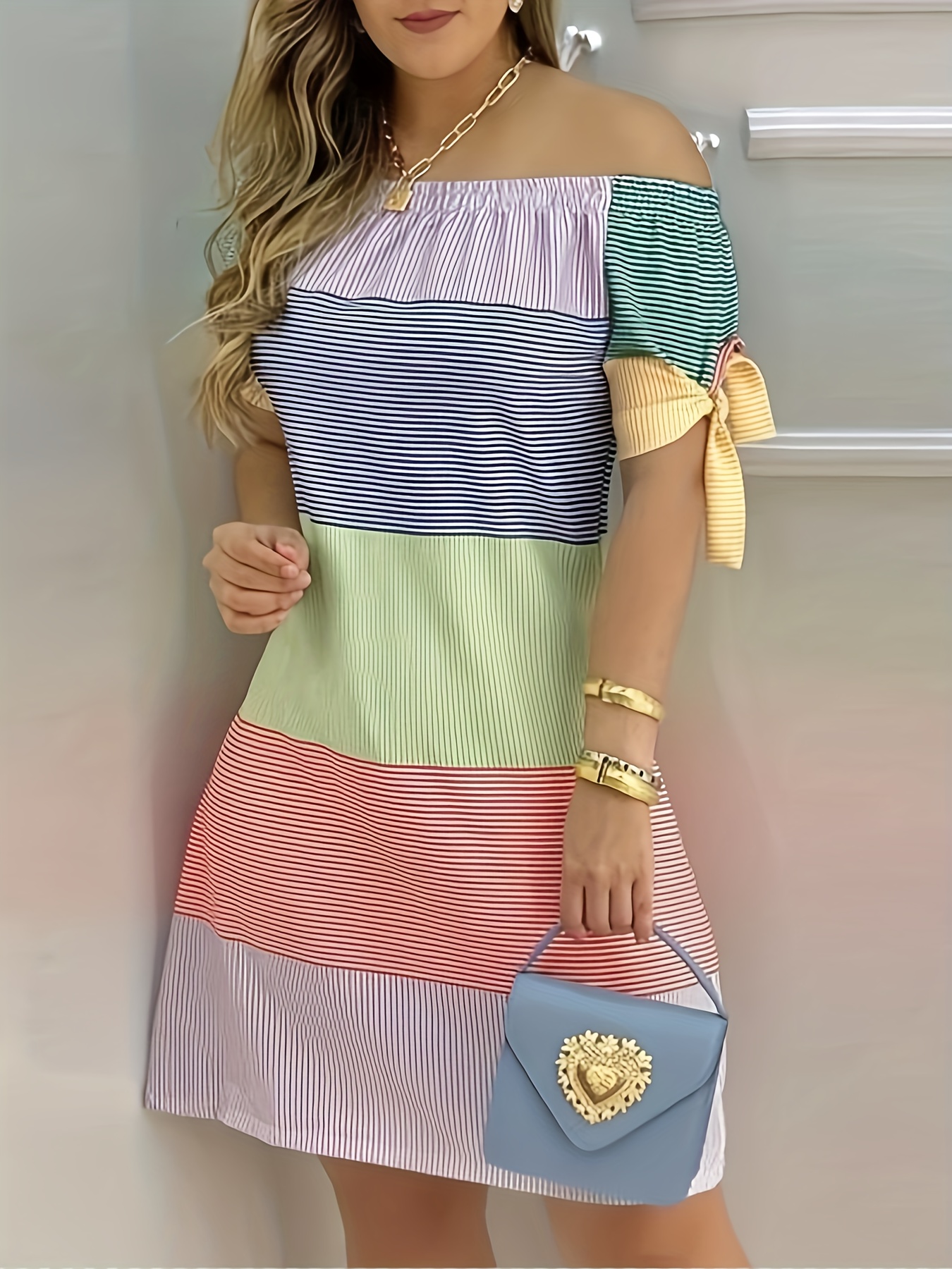 color block striped print off shoulder dress casual knot sleeve dress for spring summer womens clothing details 16