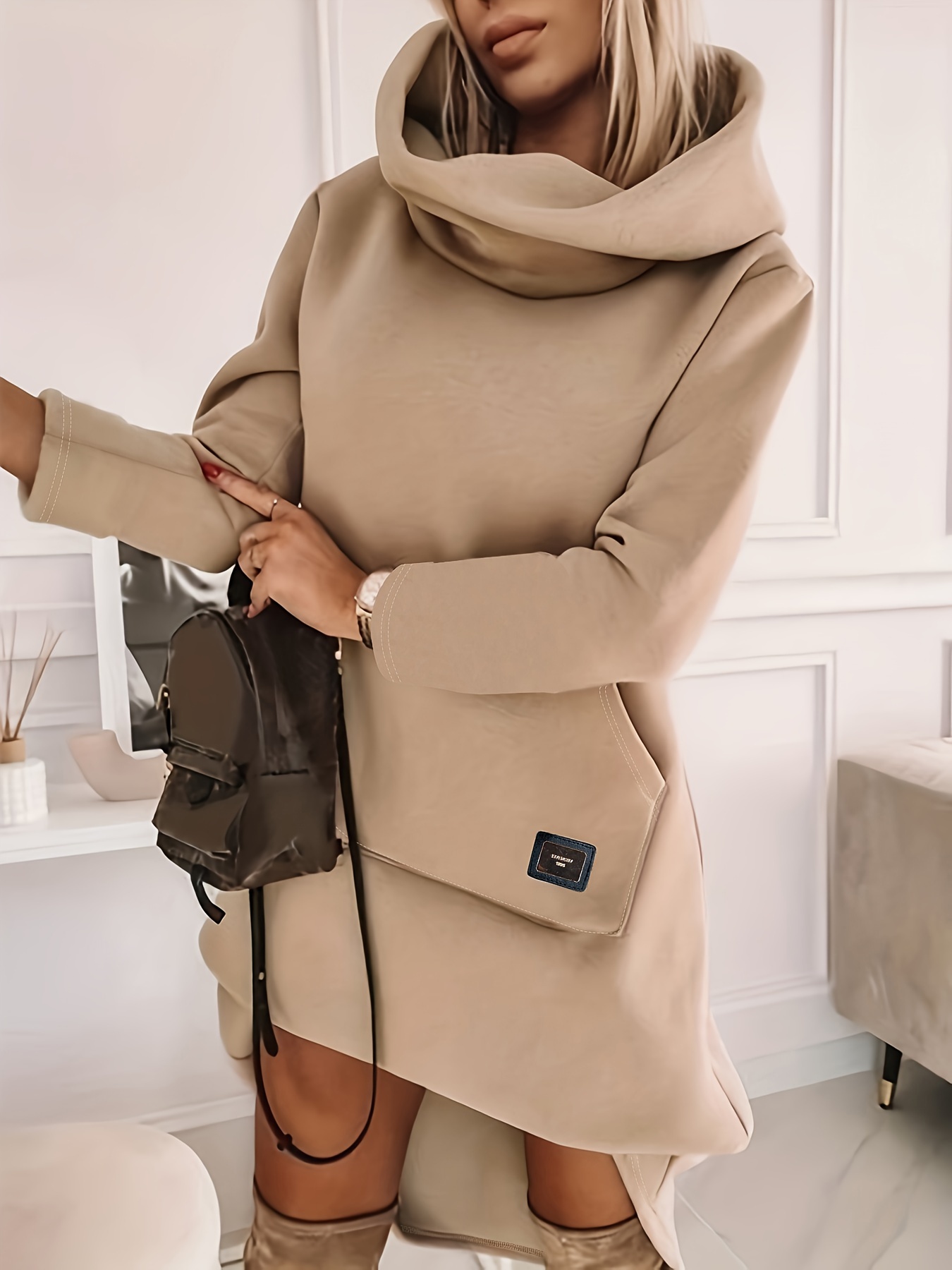 hooded solid sweatshirt dress casual long sleeve kangaroo pocket midi dress womens clothing details 16